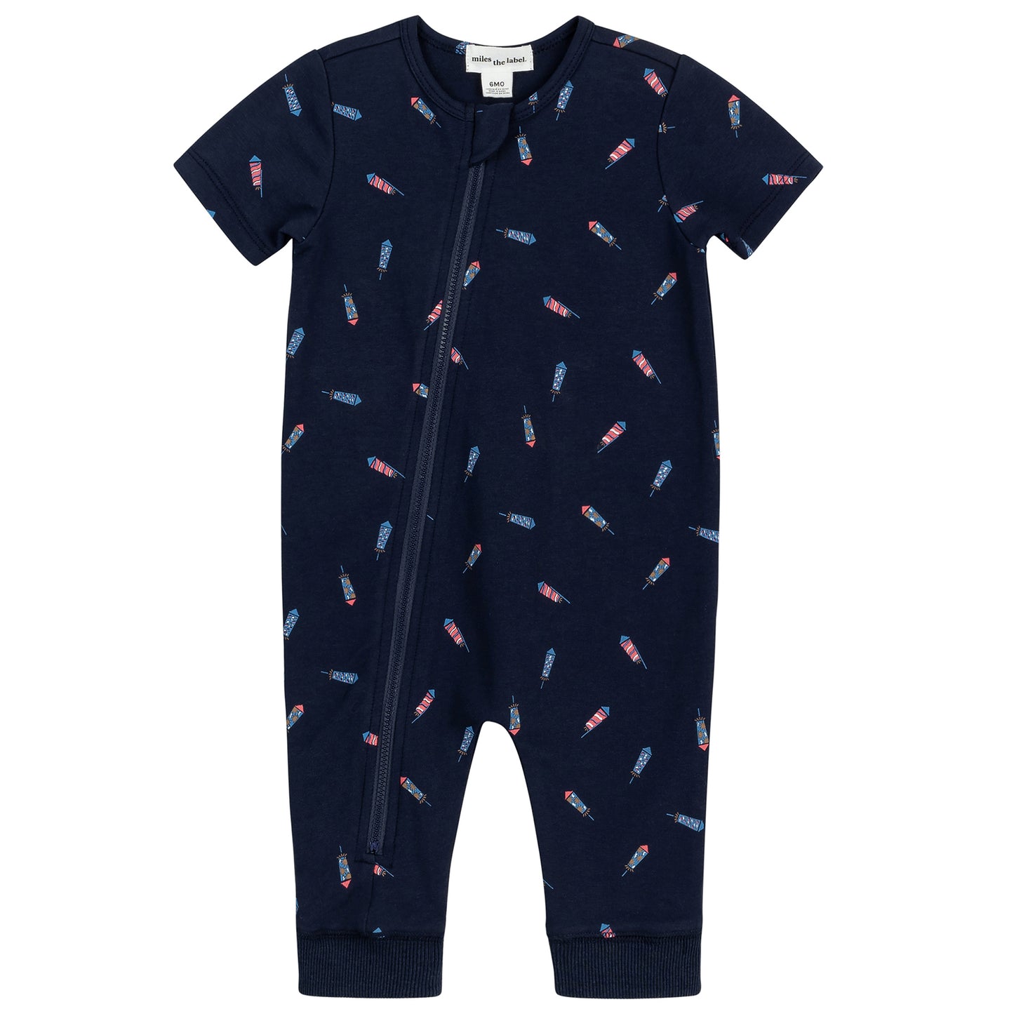Firecracker Print on Navy Short-Sleeve Zipsuit