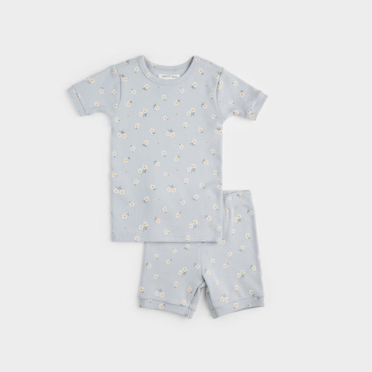 Daisy Print on Ribbed Pearl Blue Short Sleeve & Short Set