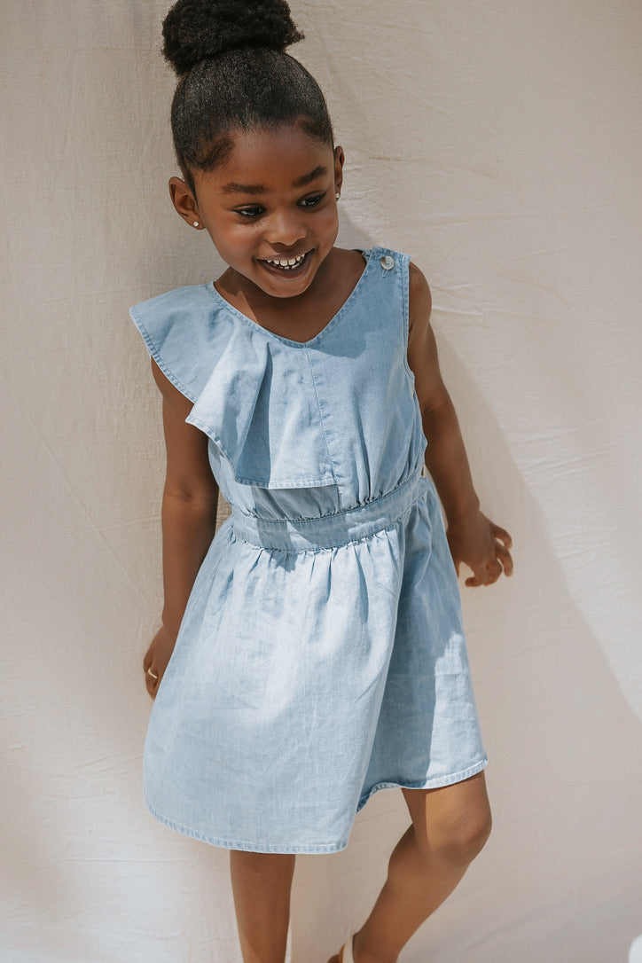 Sky Ruffled Chambray Dress