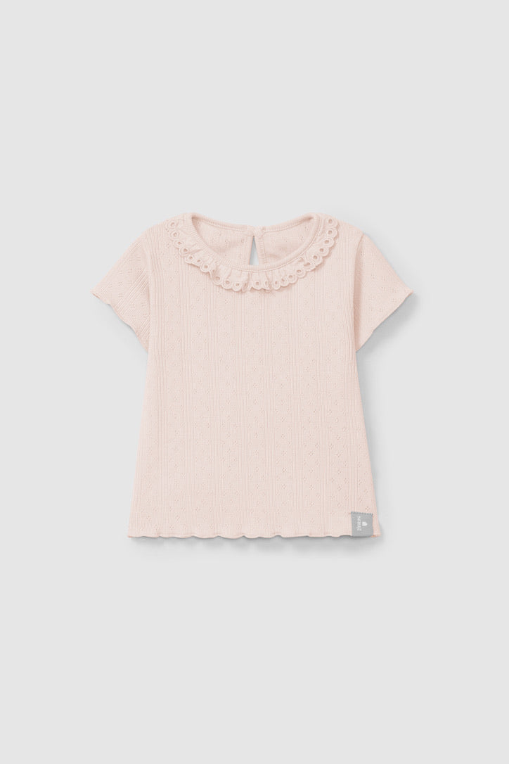 ajour pattern T-shirt with ruffled collar English embroidery - pink