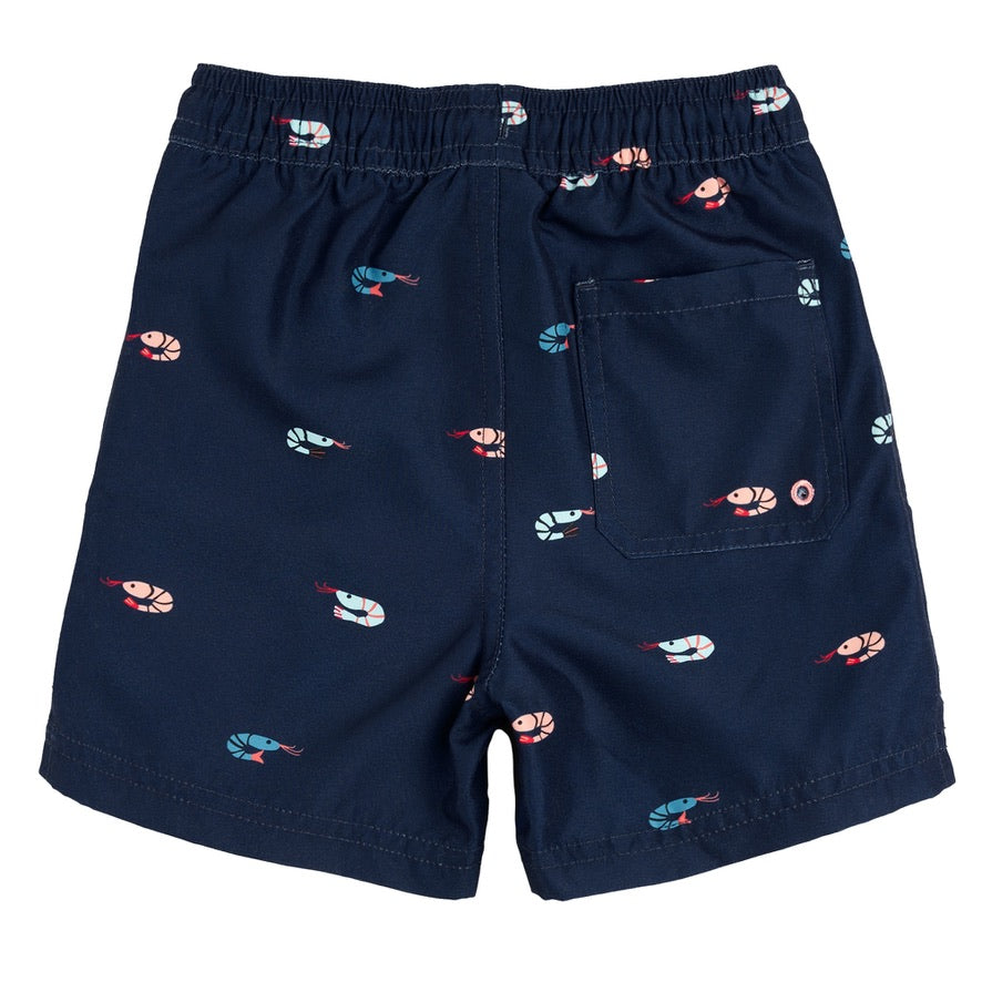 Shrimp Print on Dress Blues Swim Trunks
