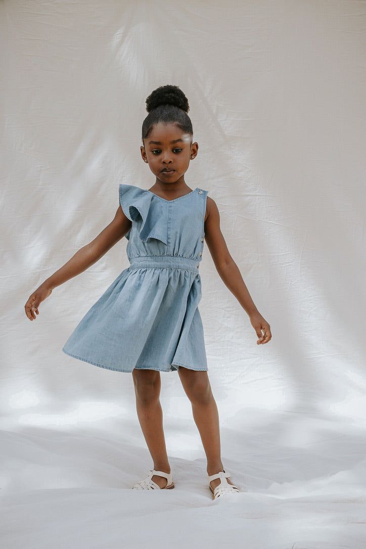 Sky Ruffled Chambray Dress