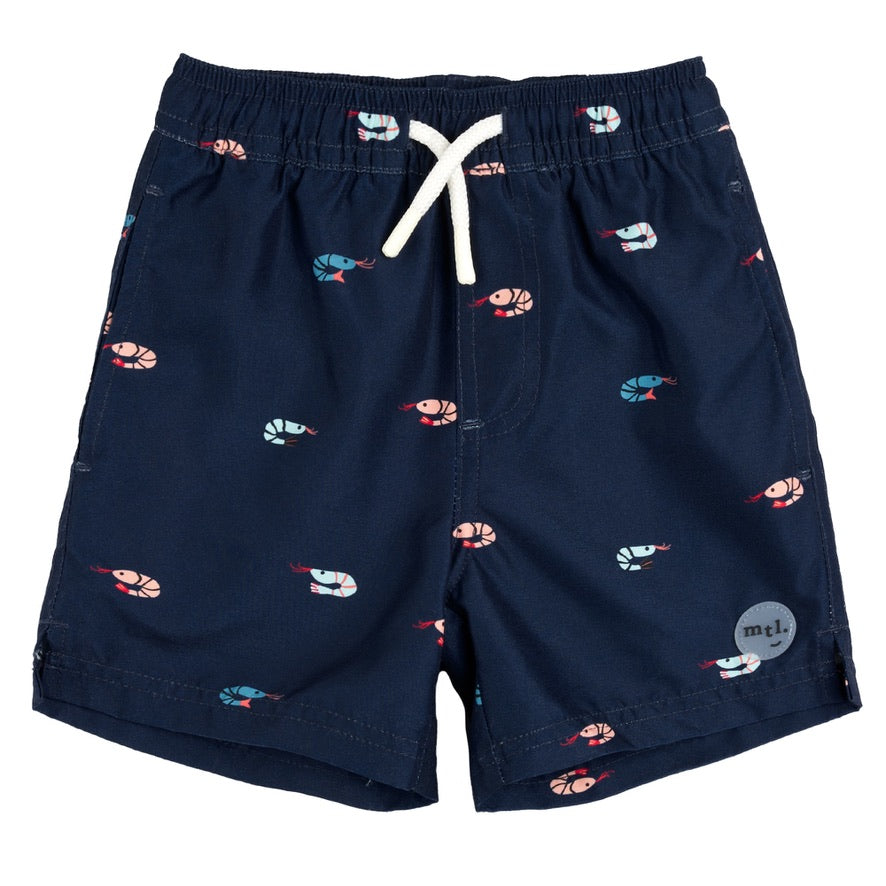 Shrimp Print on Dress Blues Swim Trunks
