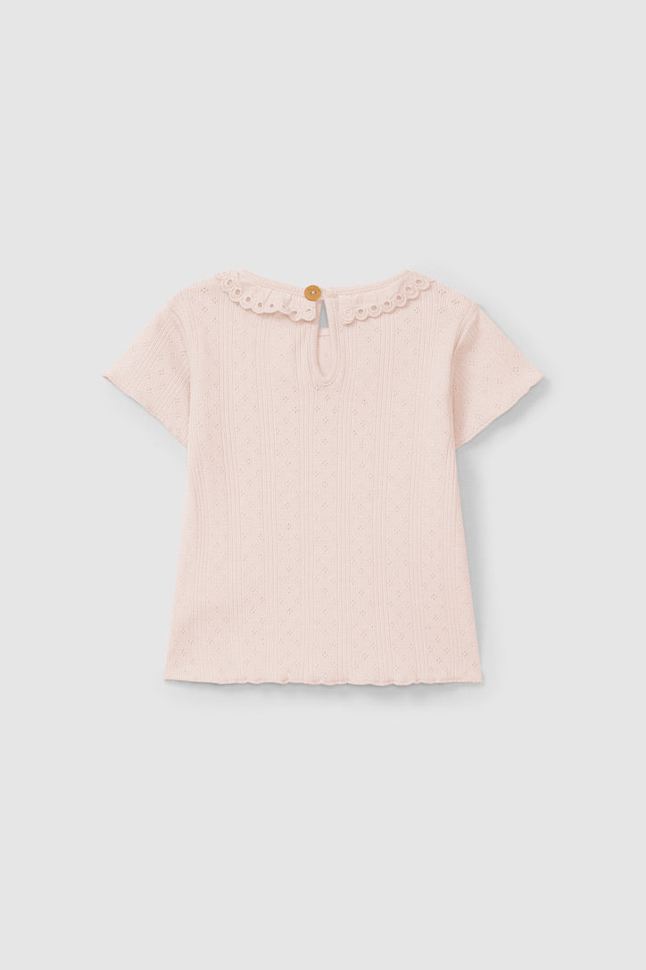 ajour pattern T-shirt with ruffled collar English embroidery - pink