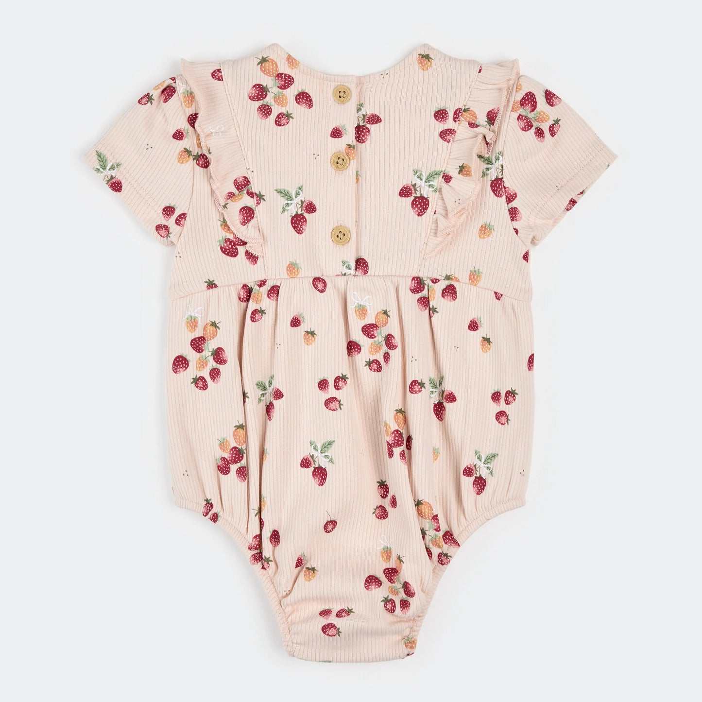 Strawberry Print on Soft Pink Ribbed Bubble Romper