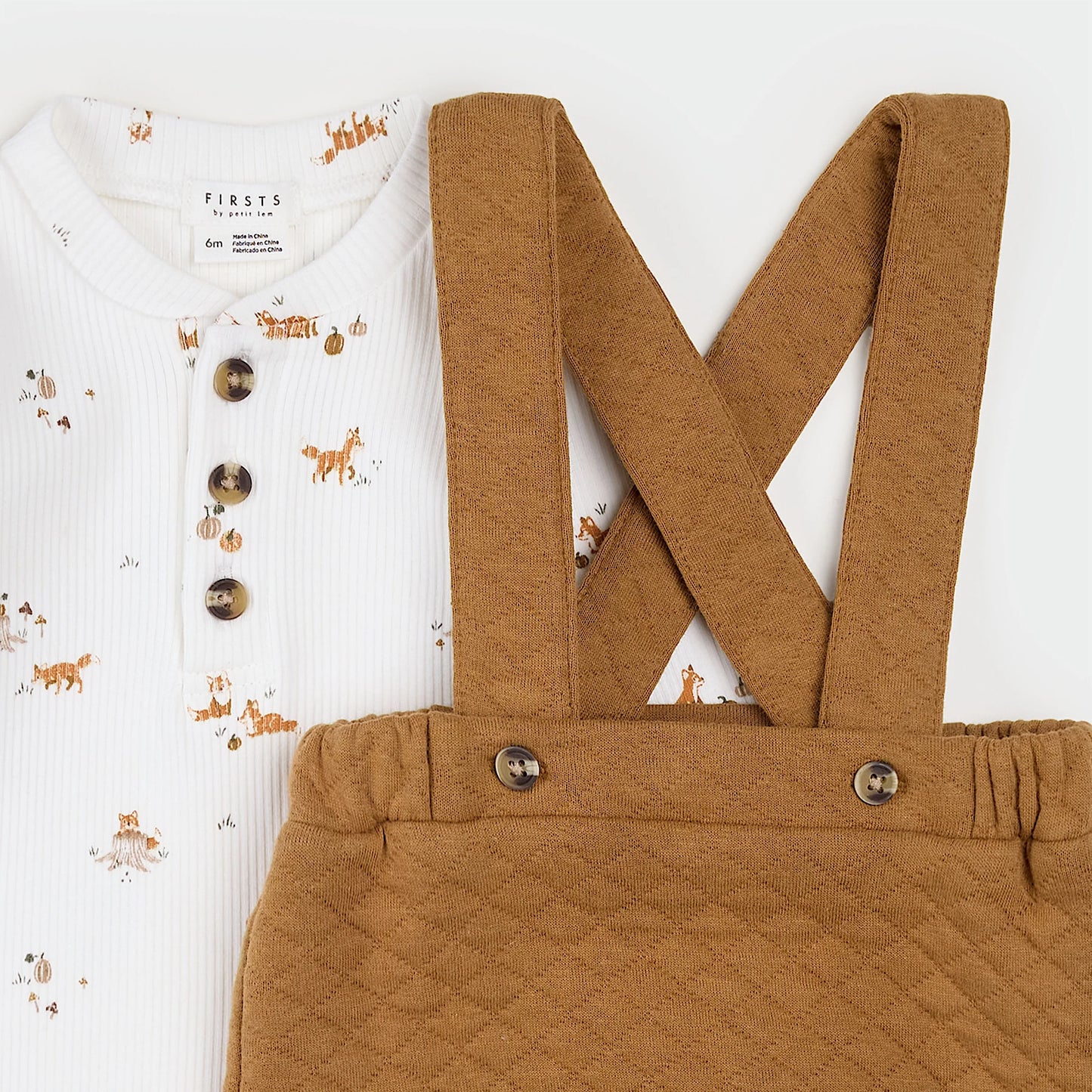 Fox Kit Print Amber Quilted Overall Set