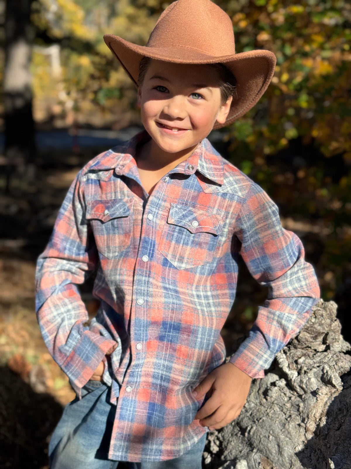 HOWDY WESTERN APRICOT/BLUE PLAID WOVEN SHIRT