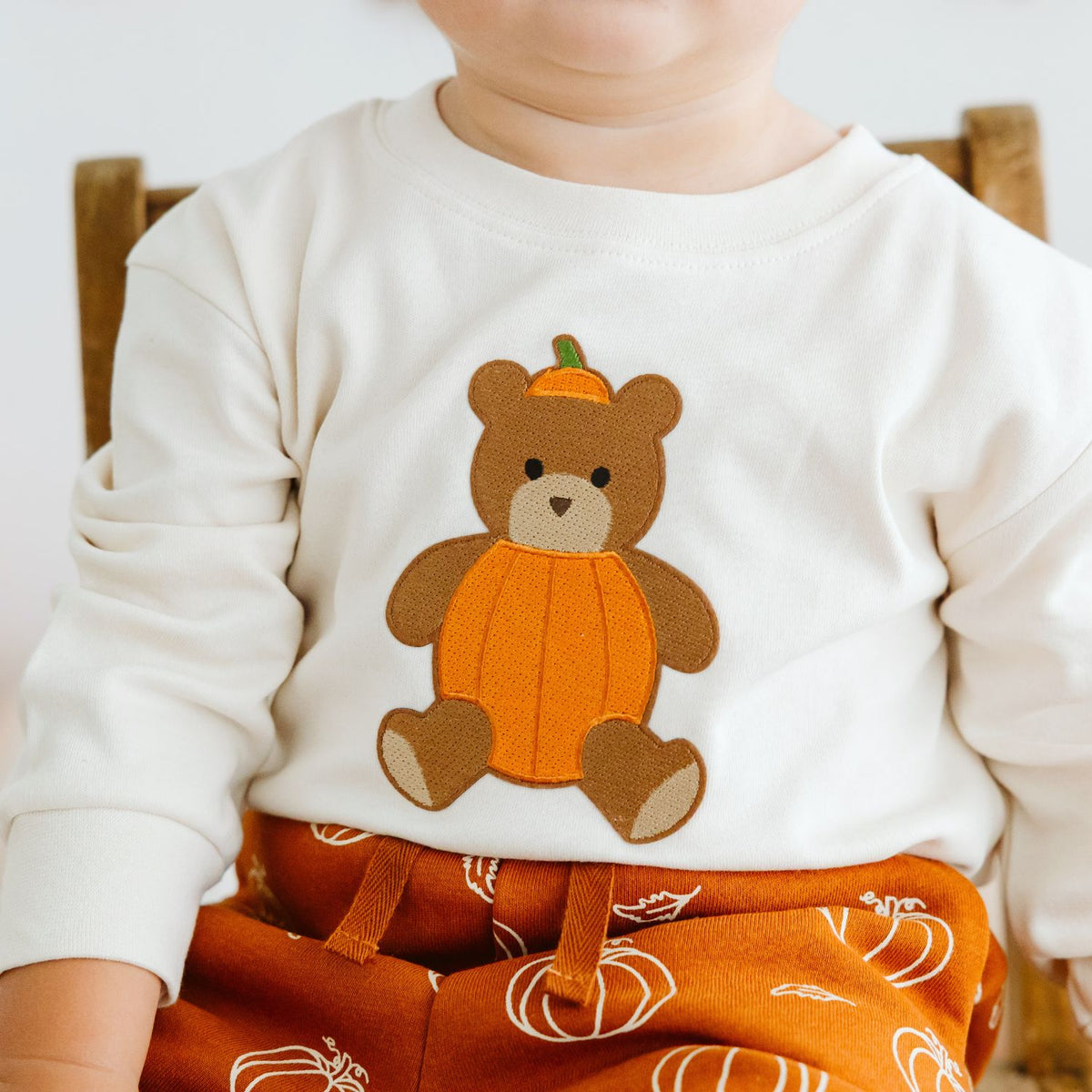 PUMPKIN TEDDY BEAR PATCH LONG SLEEVE ROMPER