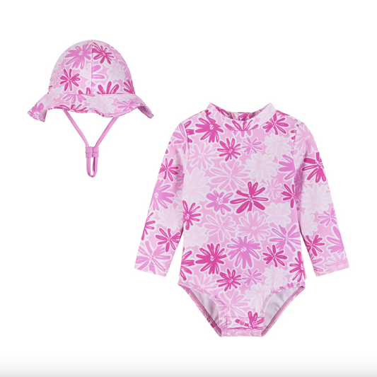 Pink Floral Ruffle One Piece w. Hat