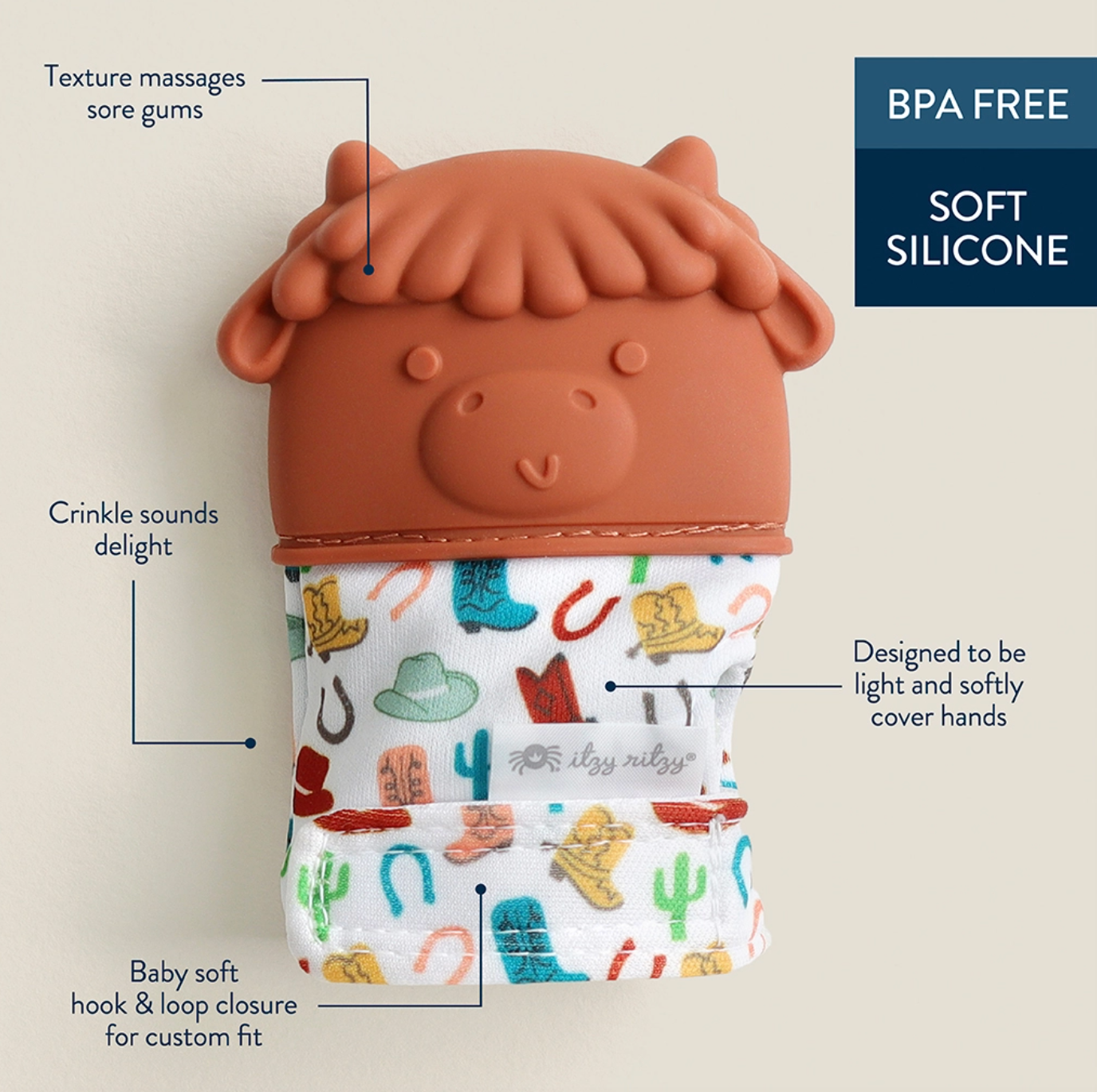 Itzy Mitt™ Silicone Teething Mitt - Highland Cow