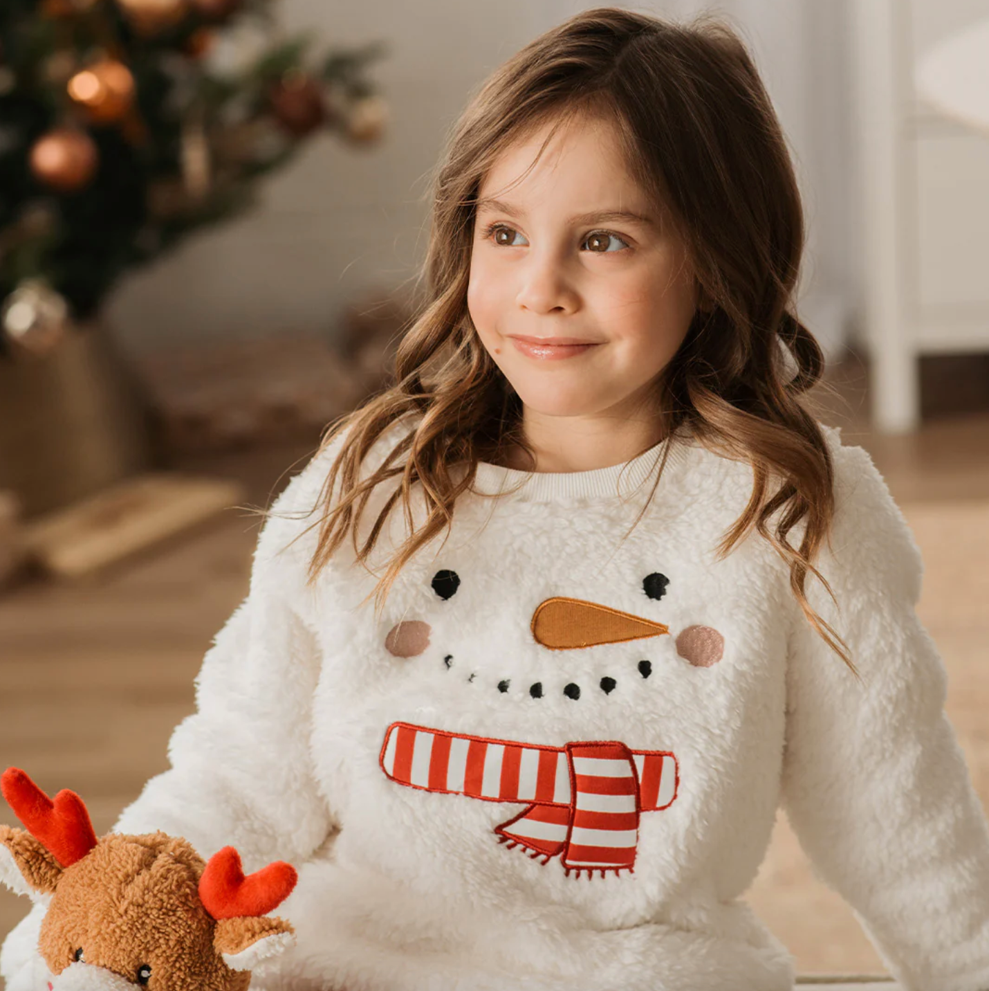 Snowman Embroidery on Off-White Sherpa Sweatshirt