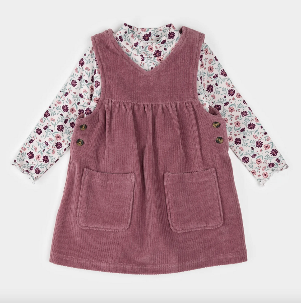 Floral Print on Corduroy Overall Dress Set