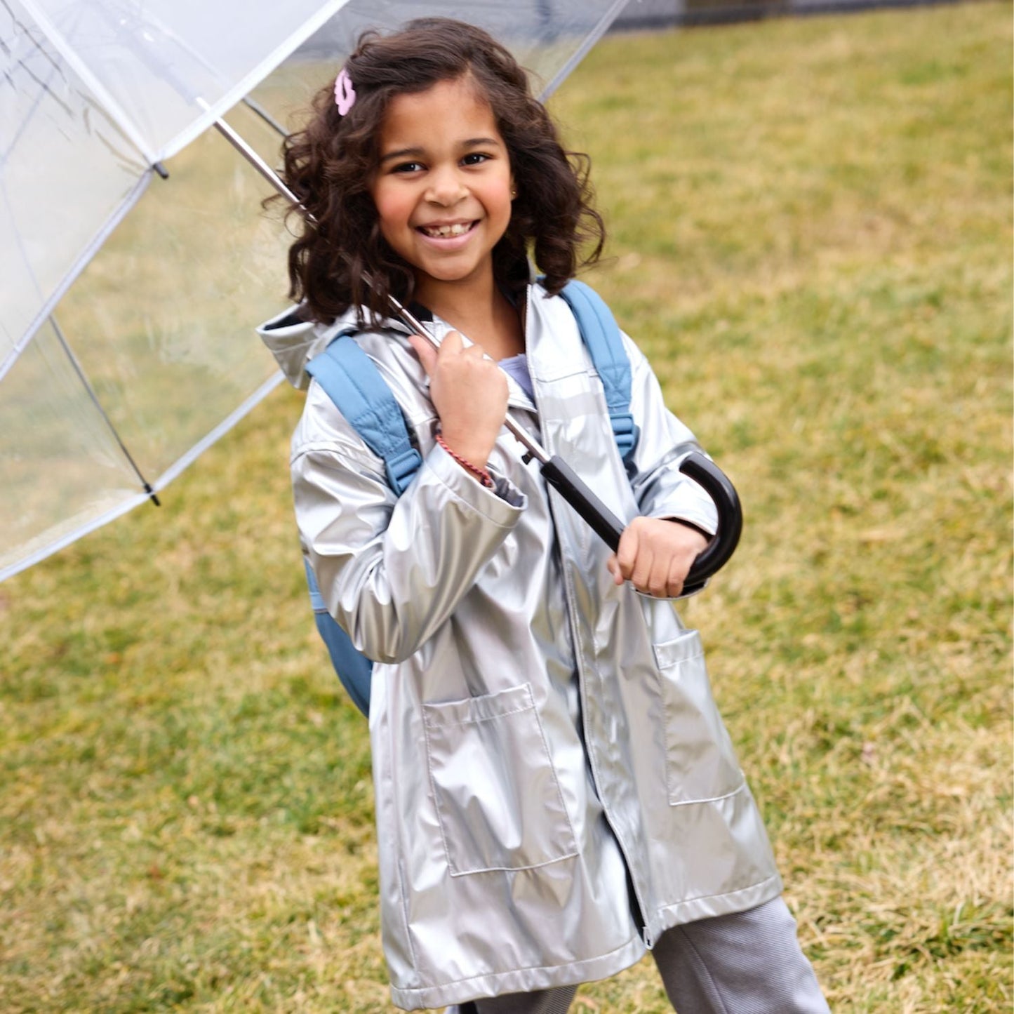 silver metallic magnetic raincoat