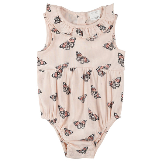 Monarch Print on Ribbed Cherry Blossom Bubble Romper