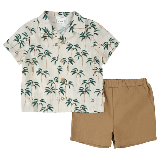 Palm Trees Crosshatch Camp Shirt Set