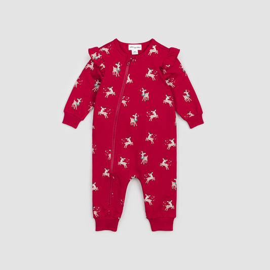 Reindeer Print on Ruffle Red Coverall