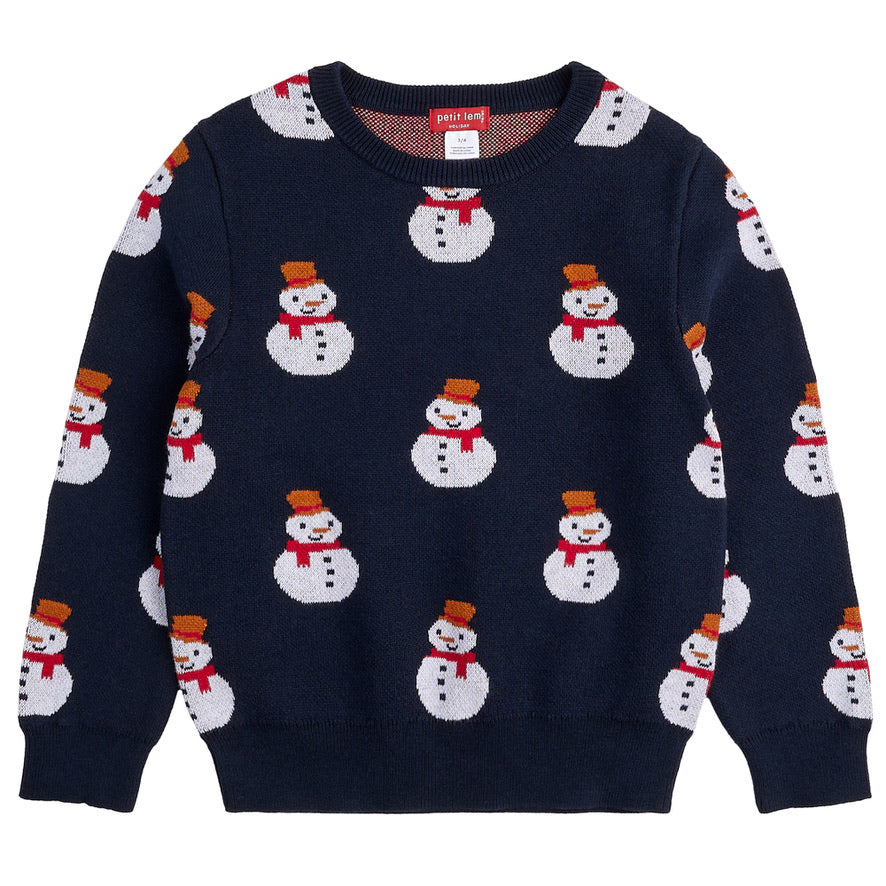 Snowman on Dress Blue Knit Sweater