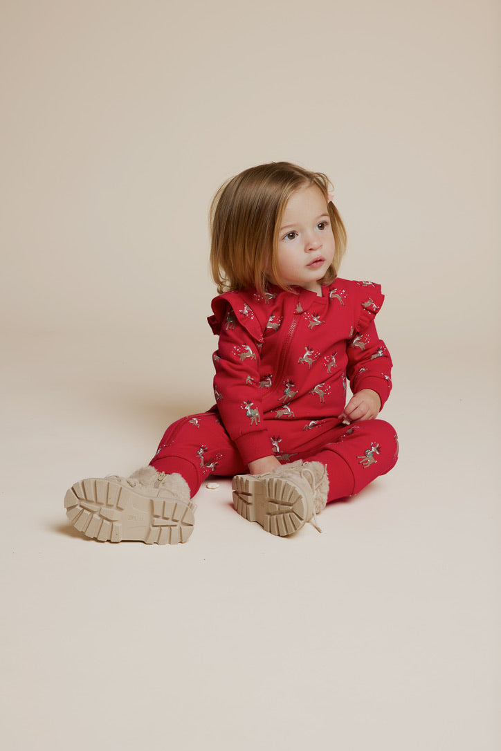 Reindeer Print on Ruffle Red Coverall