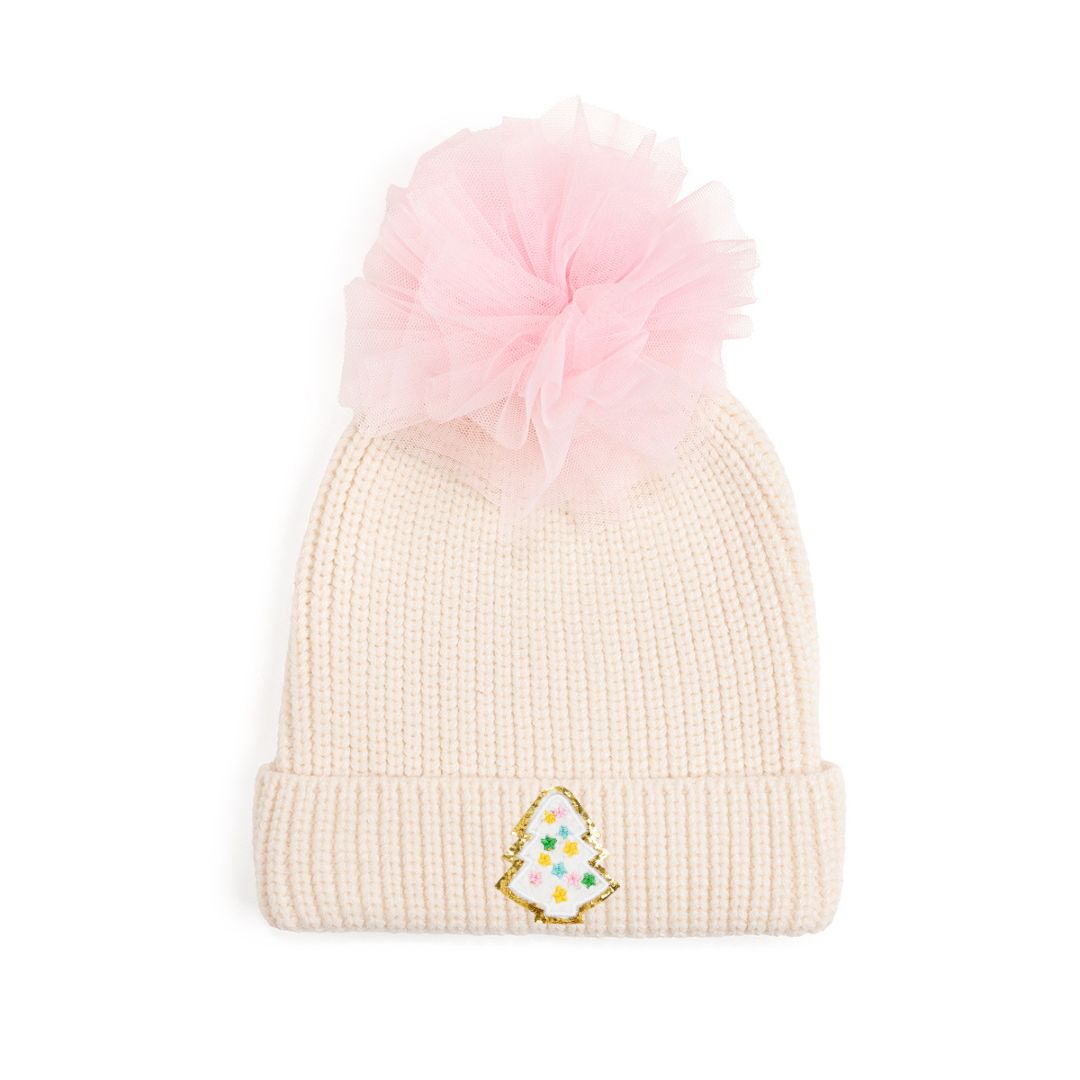 Pastel Christmas Tree Patch Pom Pom Beanie - Natural