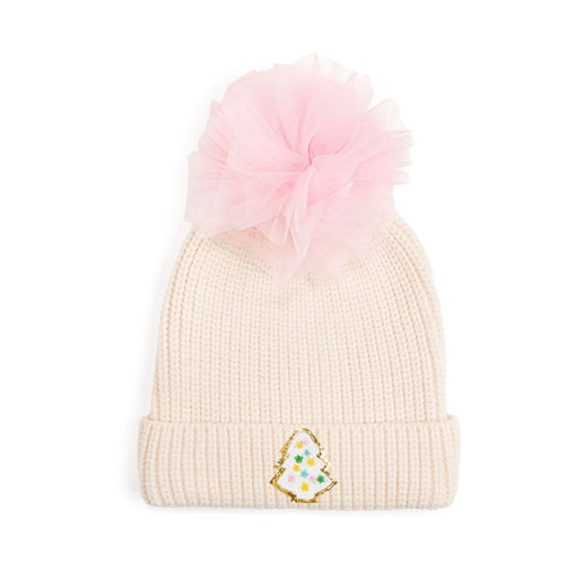 Pastel Christmas Tree Patch Pom Pom Beanie - Natural