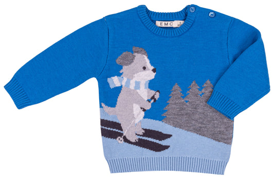 Skiing Dog Blue Sweater