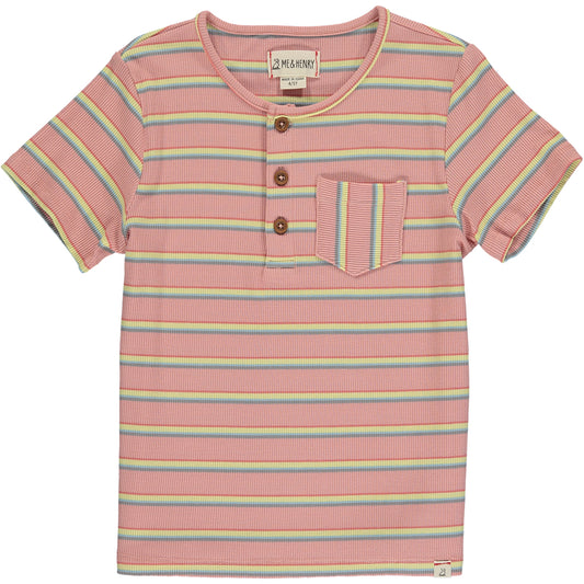 Pink Rib Stripe Henley Pocket Tee