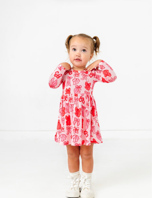 Valentine's Bow Long Sleeve Twirl Dress