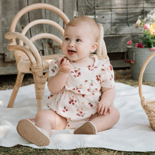 Strawberry Print on Soft Pink Ribbed Bubble Romper