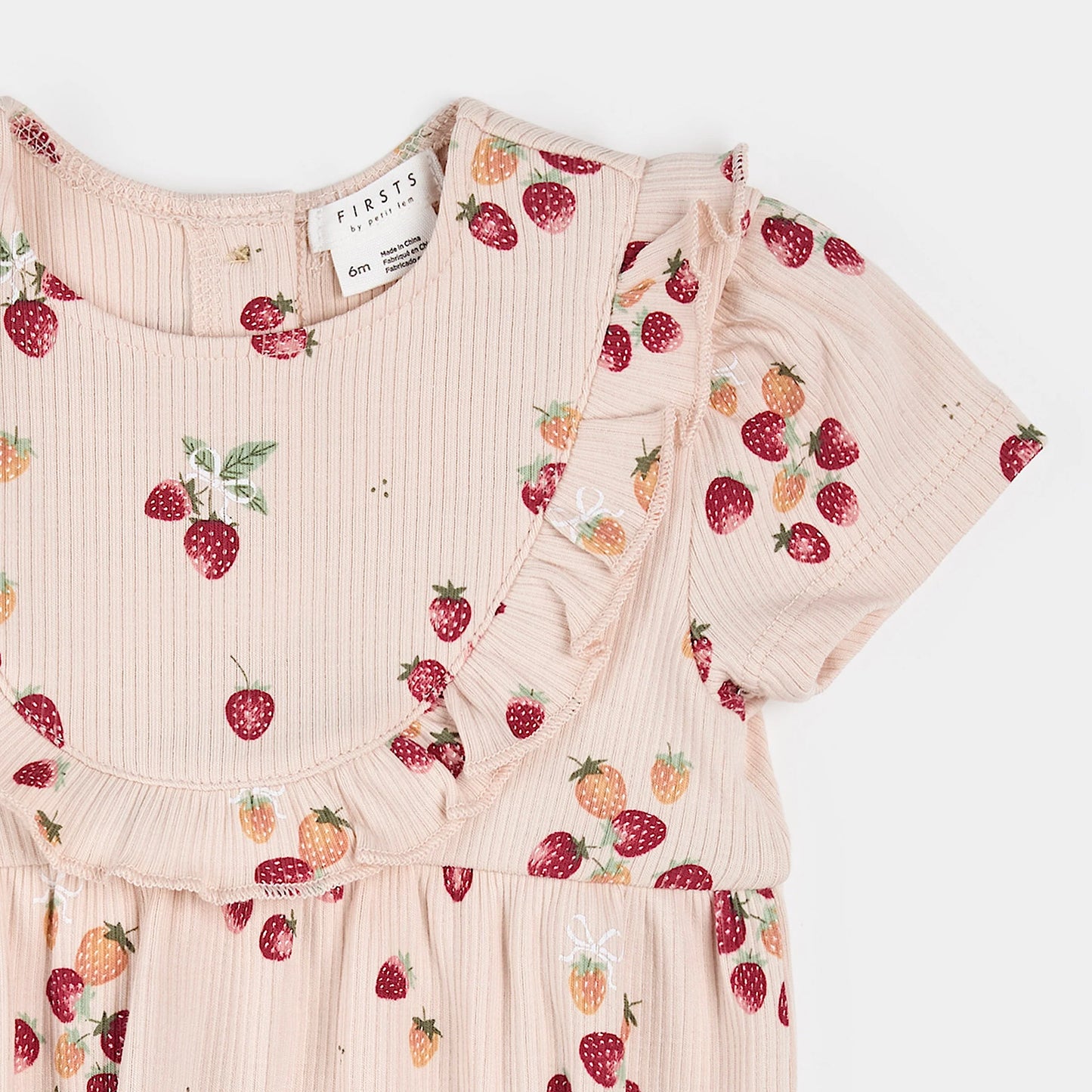 Strawberry Print on Soft Pink Ribbed Bubble Romper