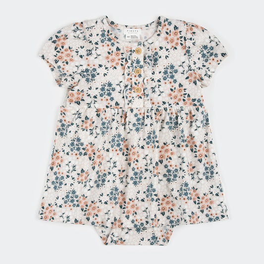 Spring Flowers Print on Creme Bodysuit Dress