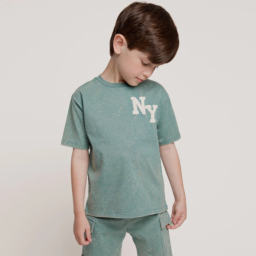 NYC Puff Print on Green Acid Wash T-Shirt