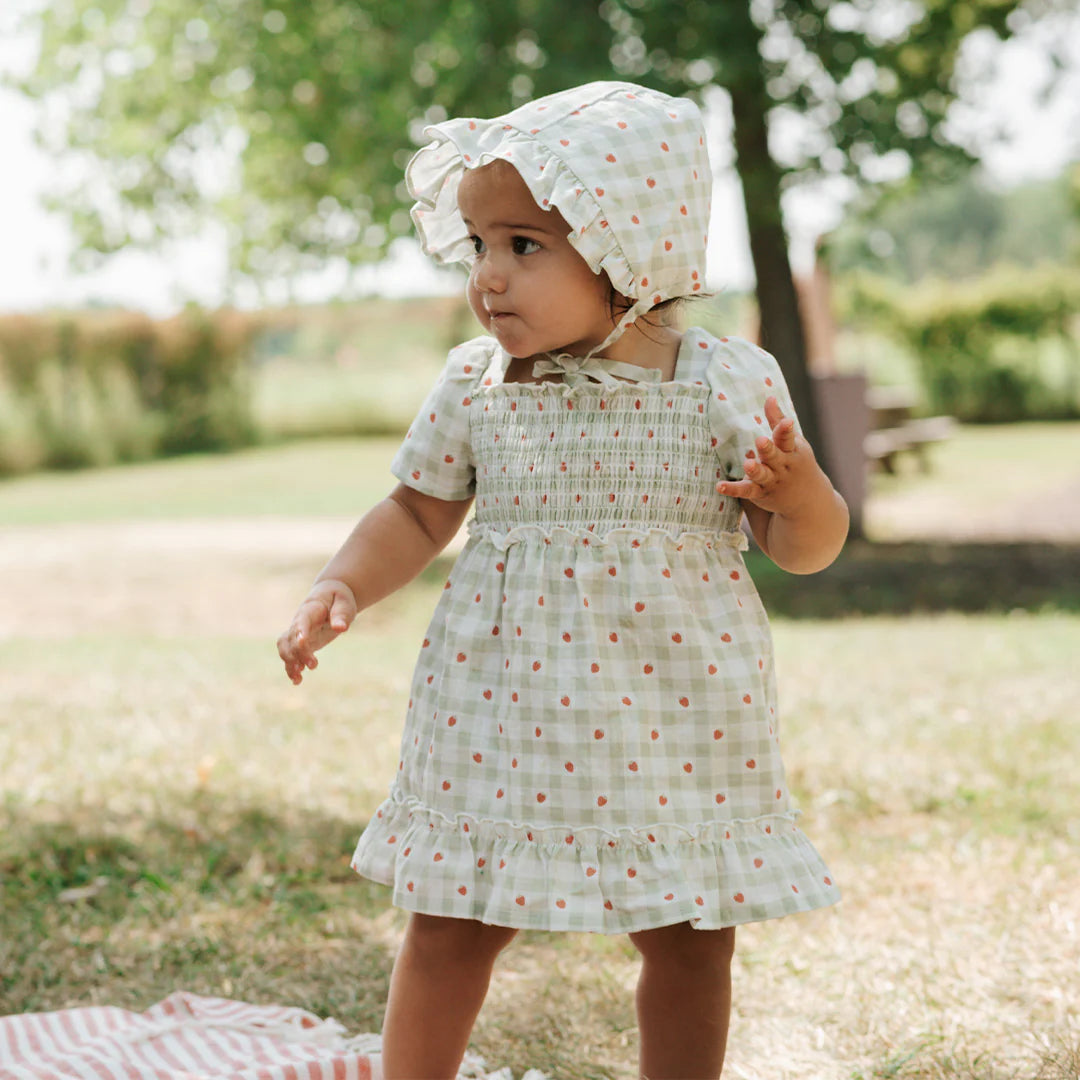 Strawberry Gingham Print Bonnet Hat