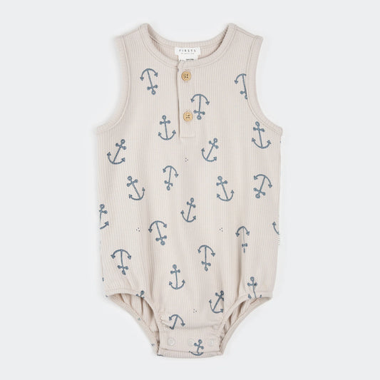 Anchor Print on Beige Ribbed Romper