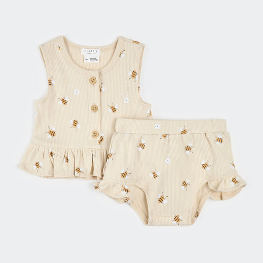 Bee Print on Beige Ruffled Tank & Bloomer