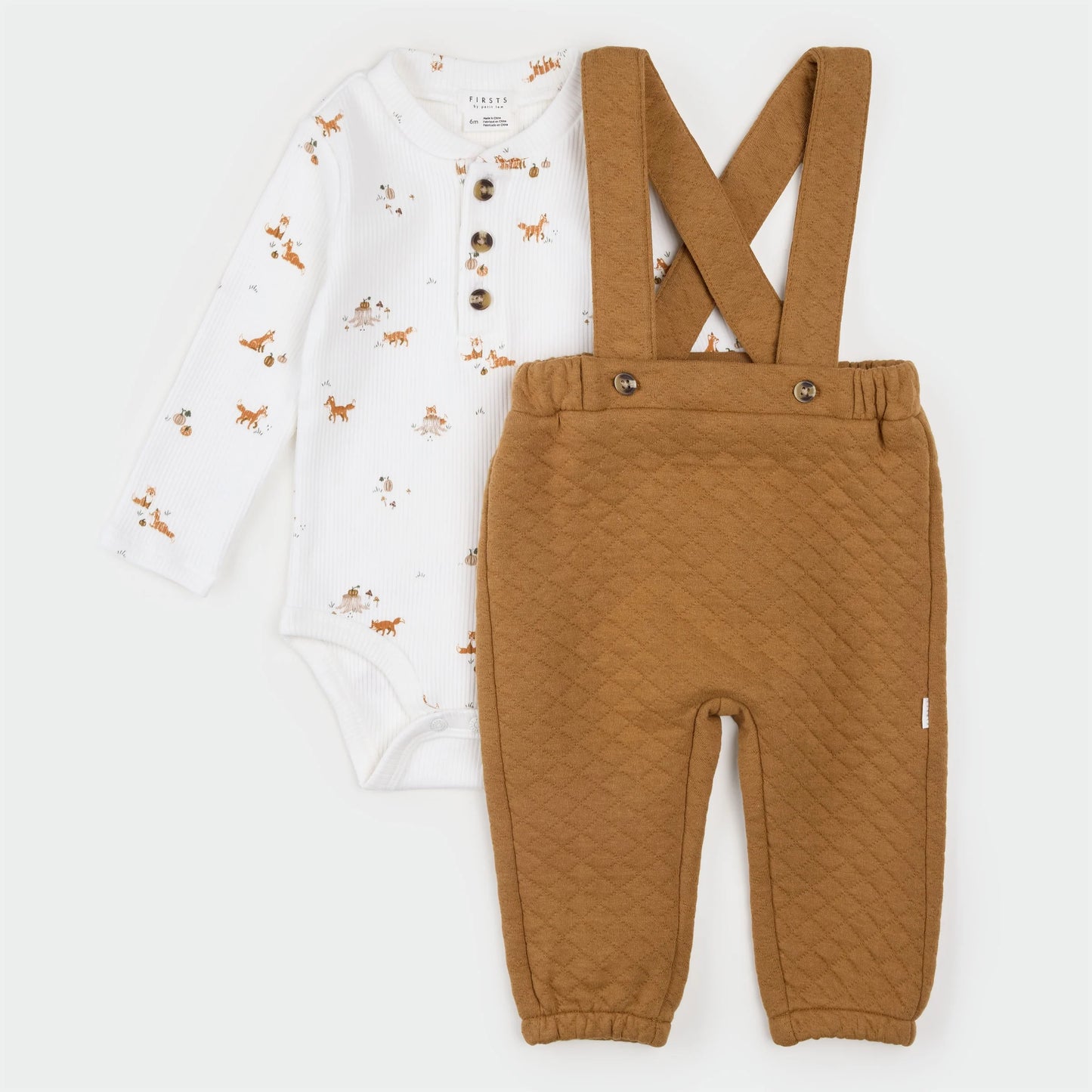 Fox Kit Print Amber Quilted Overall Set