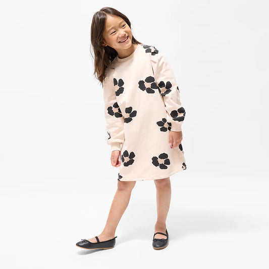 Bold Flower Print on Almond Fleece Sweater Dress