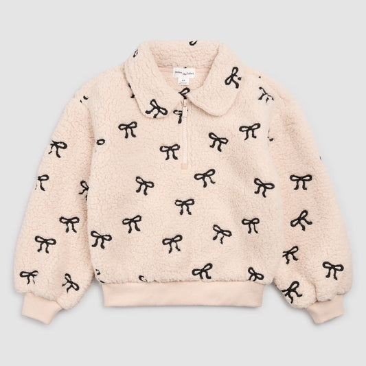 Bows Embroidered Sherpa Almond Half-Zip Pull-Over