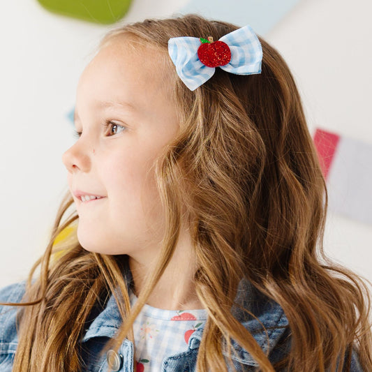Apple Gingham Tulle Bow Clip Set