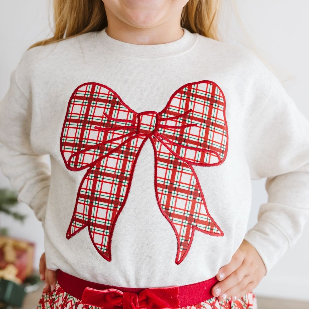 Christmas Plaid Bow Patch Sweatshirt - Natural