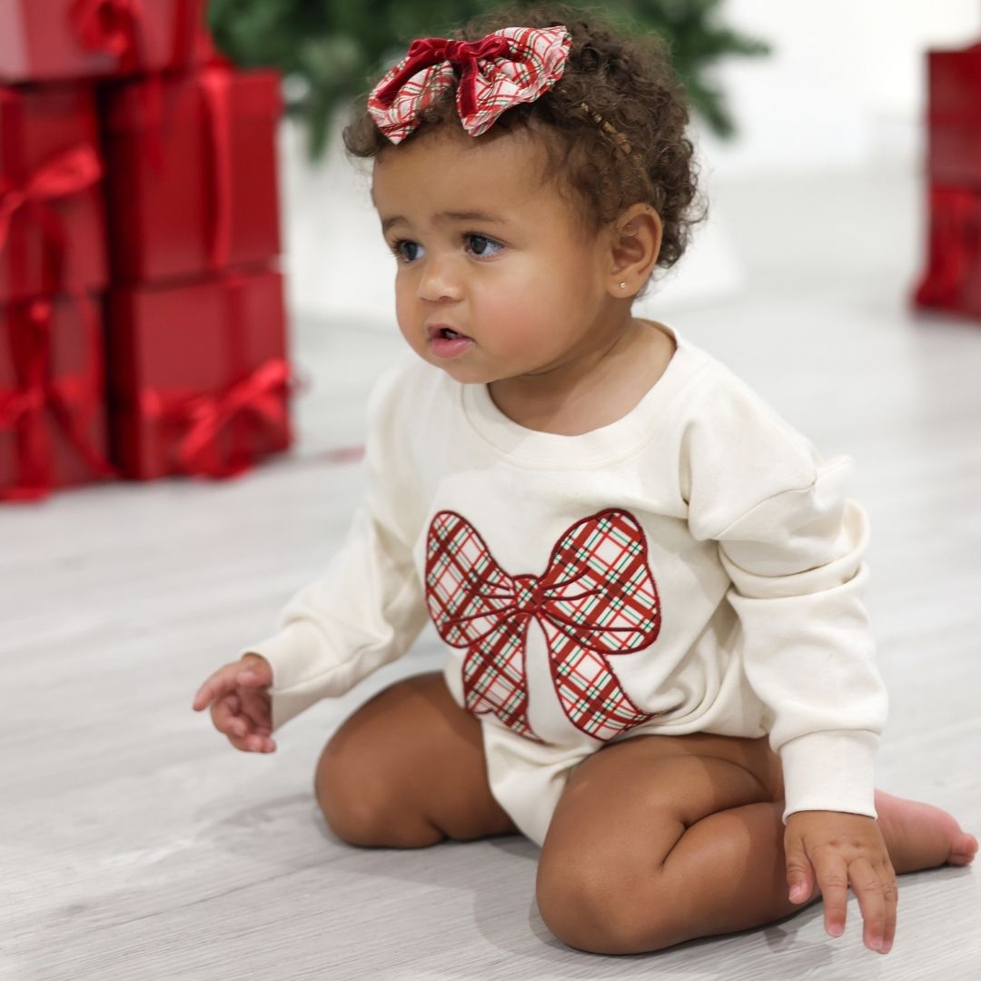 Christmas Plaid Bow Patch Long Sleeve Romper - Natural
