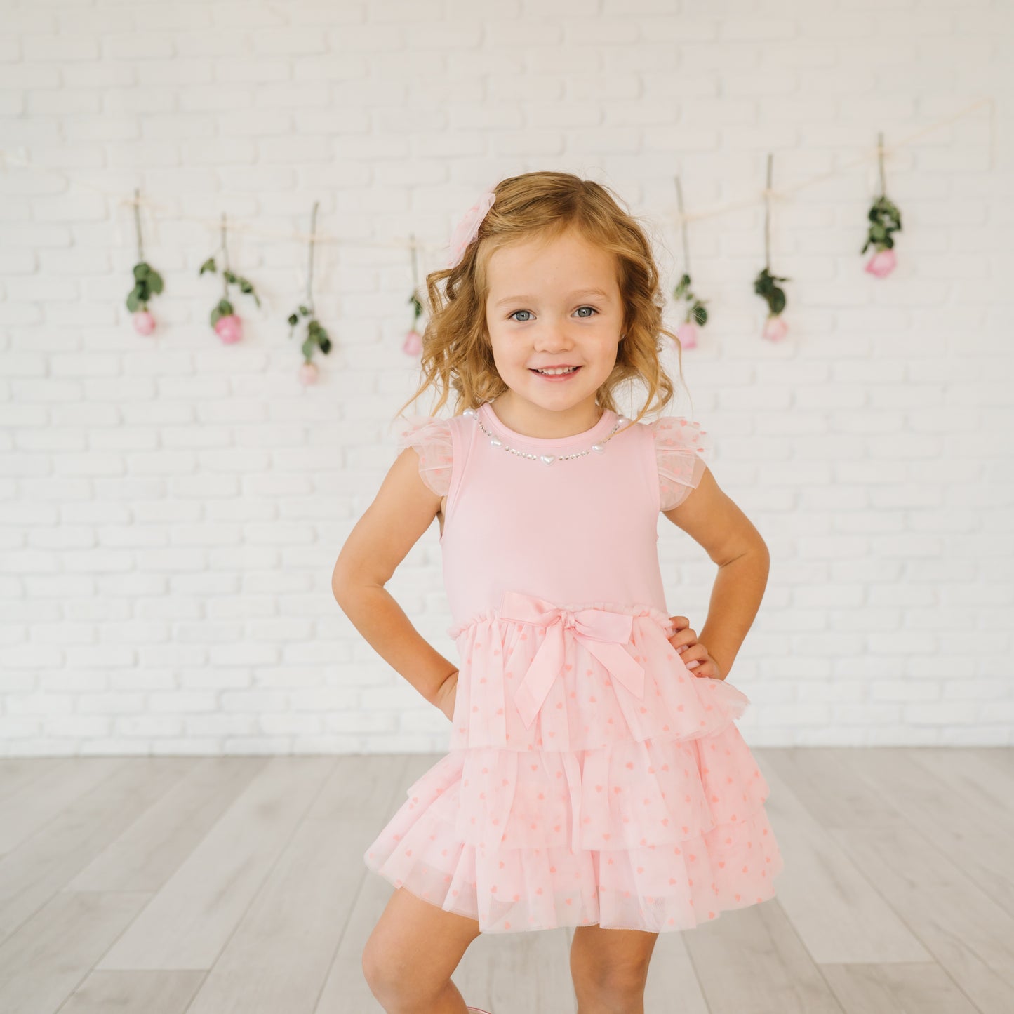 Flocked Heart Valentine's Day Tiered Short Sleeve Tutu Dress