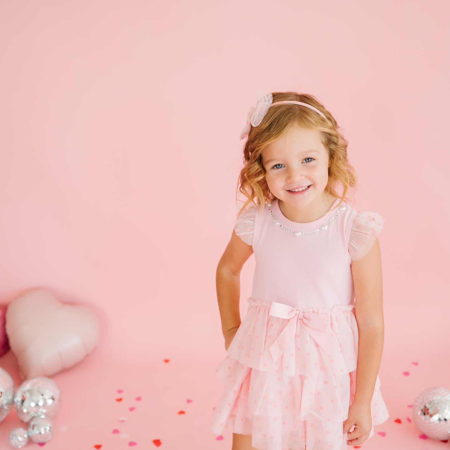 Flocked Heart Valentine's Day Tiered Short Sleeve Tutu Dress