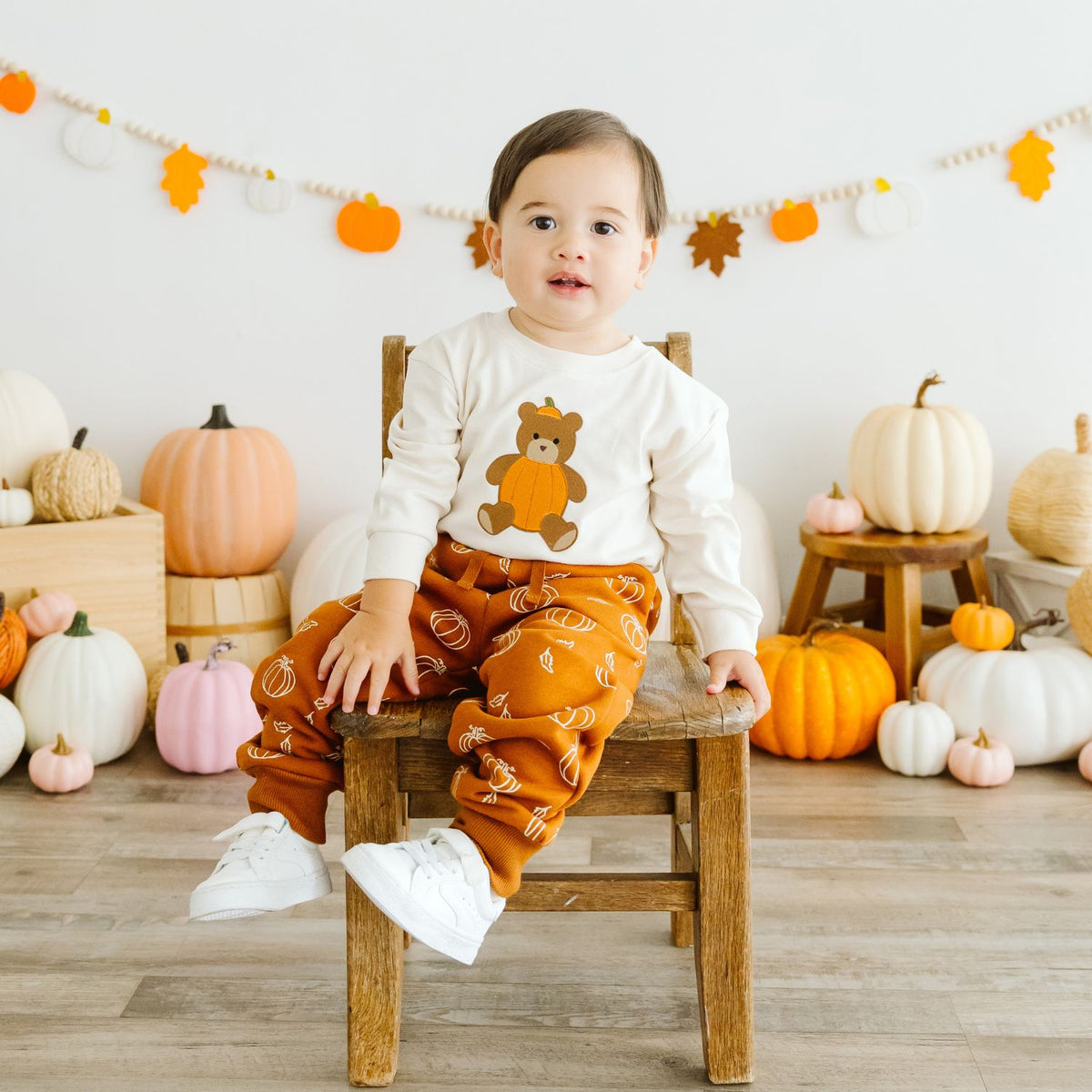 PUMPKIN TEDDY BEAR PATCH LONG SLEEVE ROMPER