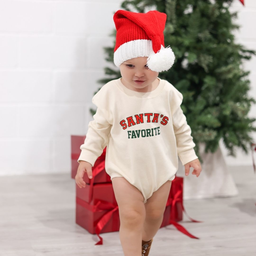 Santa's Favorite Christmas Long Sleeve Romper - Natural