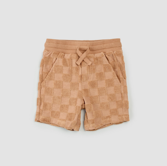 Embossed Checkerboard Rosewood Terry Cloth Shorts