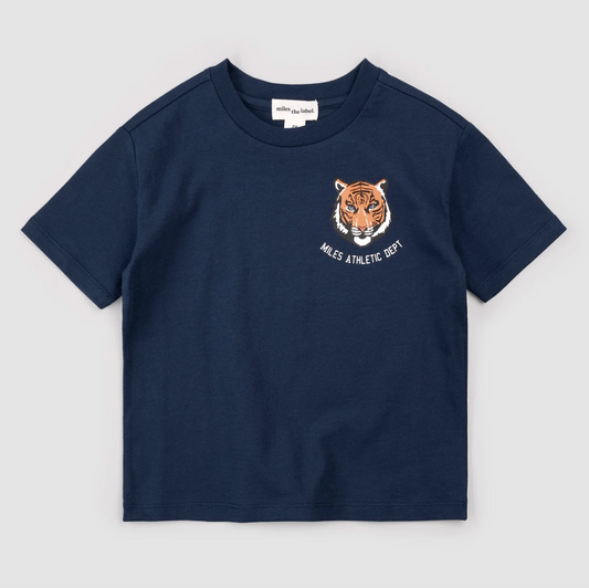 Miles Tiger Print on Dress Blue T-Shirt