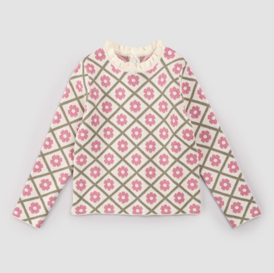 Pink Daisy Scalloped Mock Neck Sweater