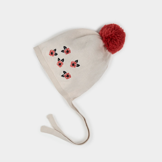 Poppy Print on Beige Knit Bonnet