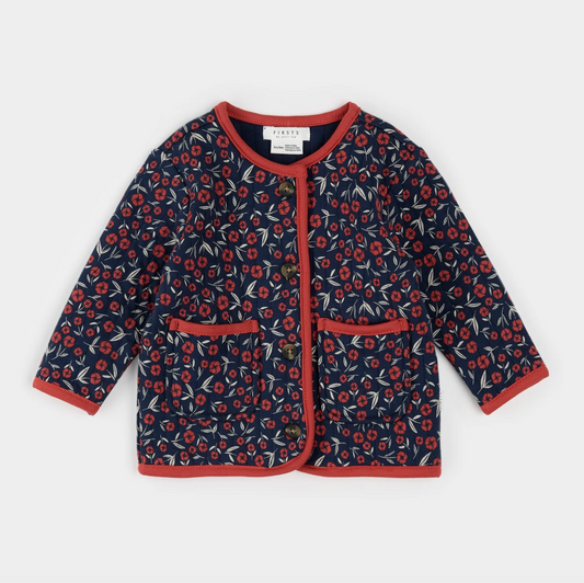 Poppy Floral Print on Dress Blue Quilted Cardigan