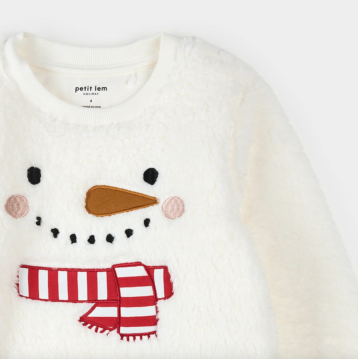 Snowman Embroidery on Off-White Sherpa Sweatshirt